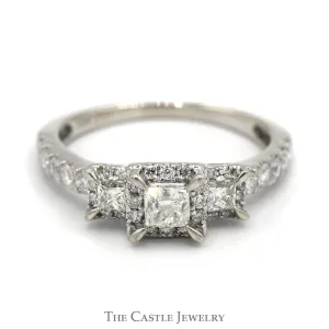 1cttw Three Stone Princess Cut Diamond Engagement Ring with Square Halos and Accents in 10k White Gold