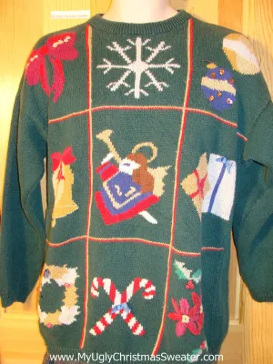 80s Style Tacky Ugly Christmas Sweater with Bow, Snowflake, Ornaments, Bell, Angel, Gifts, Wreath, Candycanes, and Poinsettias (f754)