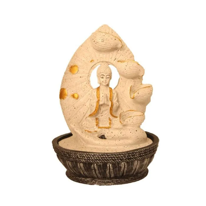 Art N Hub namaskar Buddha Tabletop Waterfall Showpiece Ornaments for Home Decor and Garden Decoration | Best Decoration Gift Items for Living Room (23 x 23 x 34 CM | Dotted White Golden)