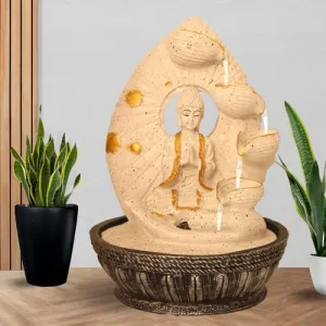 Art N Hub namaskar Buddha Tabletop Waterfall Showpiece Ornaments for Home Decor and Garden Decoration | Best Decoration Gift Items for Living Room (23 x 23 x 34 CM | Dotted White Golden)