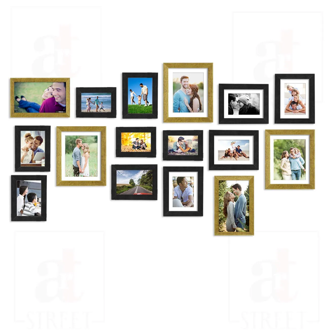 Art Street Shooting Star Black & Gold Individual Wall Photo Frames Set Of 16 Pcs (3 Units of 8X10,4 Units of 6X8, 4 Units of 5X7, 3 Units of 4X6,2 Units of 6X10 Inchs)