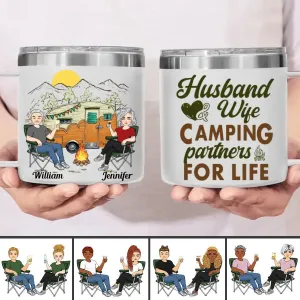 Couple - Husband & Wife, Camping Partners For Life - Personalized Stainless Steel Tumbler With Handle (TB)