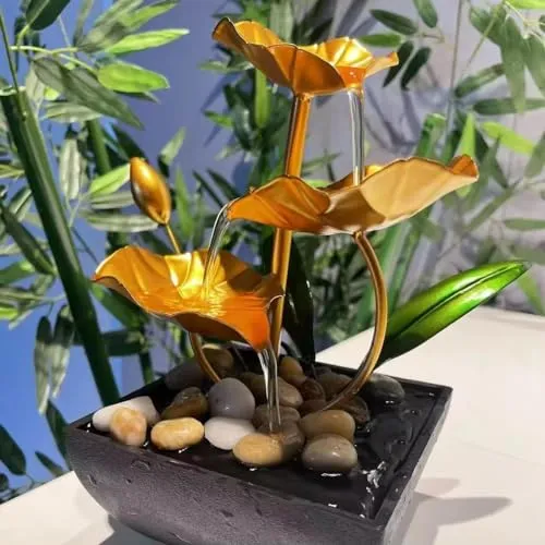 DONDA Tabletop Water Fountain Decor with Waterfall Desktop Lotus Fountains, Deep Basin and Natural River Rocks, Indoor Zen Relaxation for Office, Bedroom Decor (Golden) (Leaf Water Fountain)