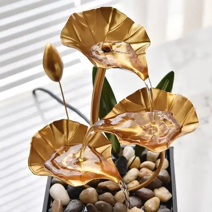 DONDA Tabletop Water Fountain Decor with Waterfall Desktop Lotus Fountains, Deep Basin and Natural River Rocks, Indoor Zen Relaxation for Office, Bedroom Decor (Golden) (Leaf Water Fountain)