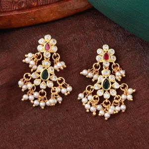 Estele Gold Plated CZ Scintillating Flower Designer Earrings with Pearls for Women