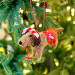 Felt Brown Dachshund with Tutu and Presents Ornament