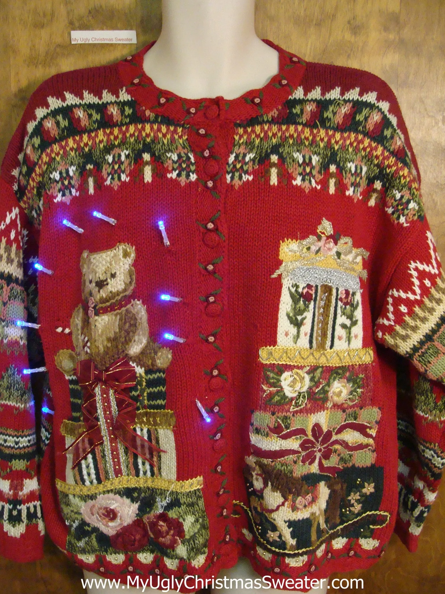 Geometric Mess with Bear Cute Christmas Sweater with Lights