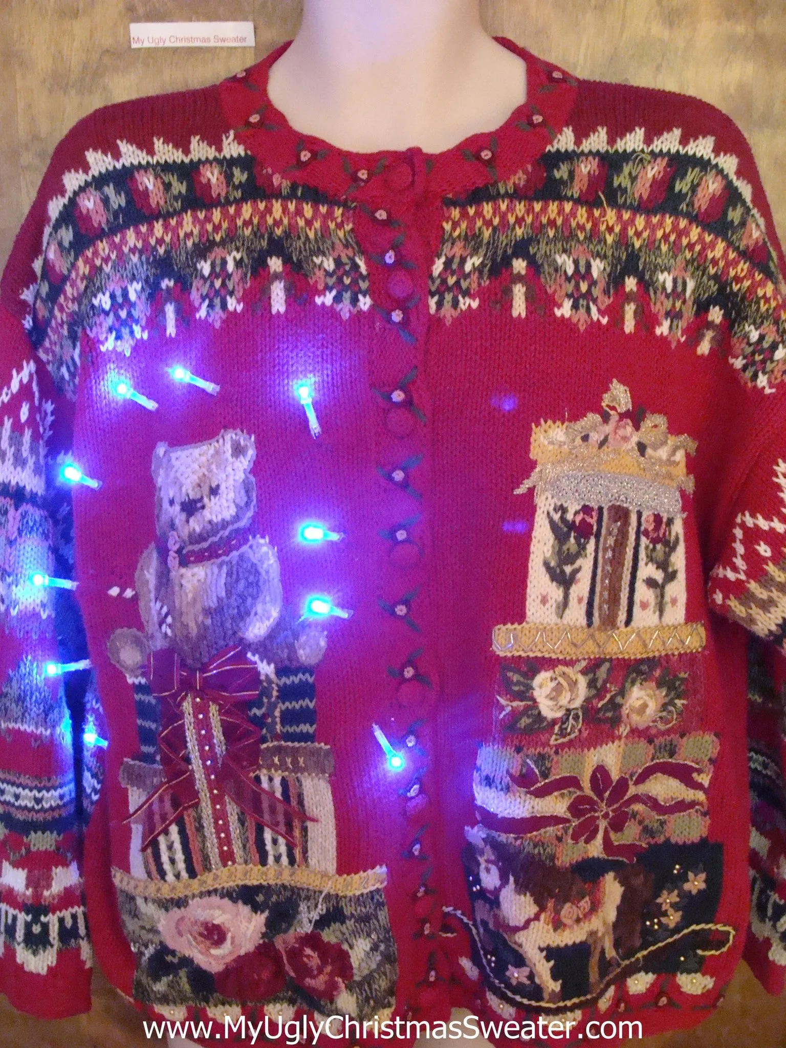 Geometric Mess with Bear Cute Christmas Sweater with Lights