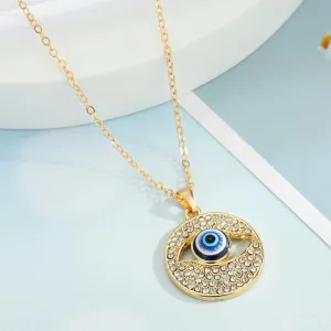 Gold Plated Rhinestones Evil Eye Design Circle Pendant Necklace Zircon Alloy Necklace