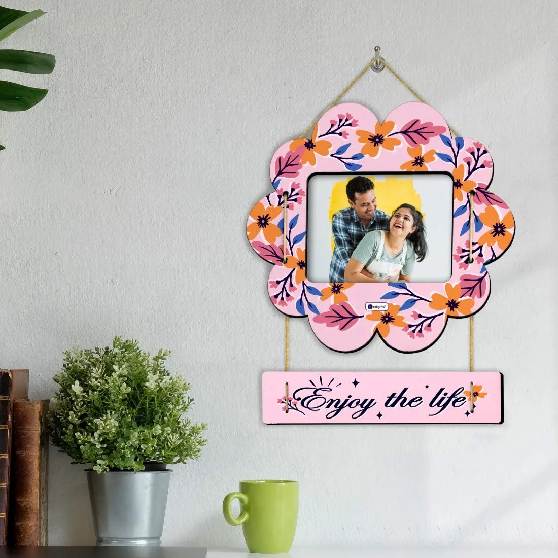 Indigifts Valentine Special Gifts for Him Enjoy the Life Printed Pink Flower Shape Photo Frame - Love Gifts for Boyfriend, Gift for Her Love, Girlfriend Birthday Gift Special Love