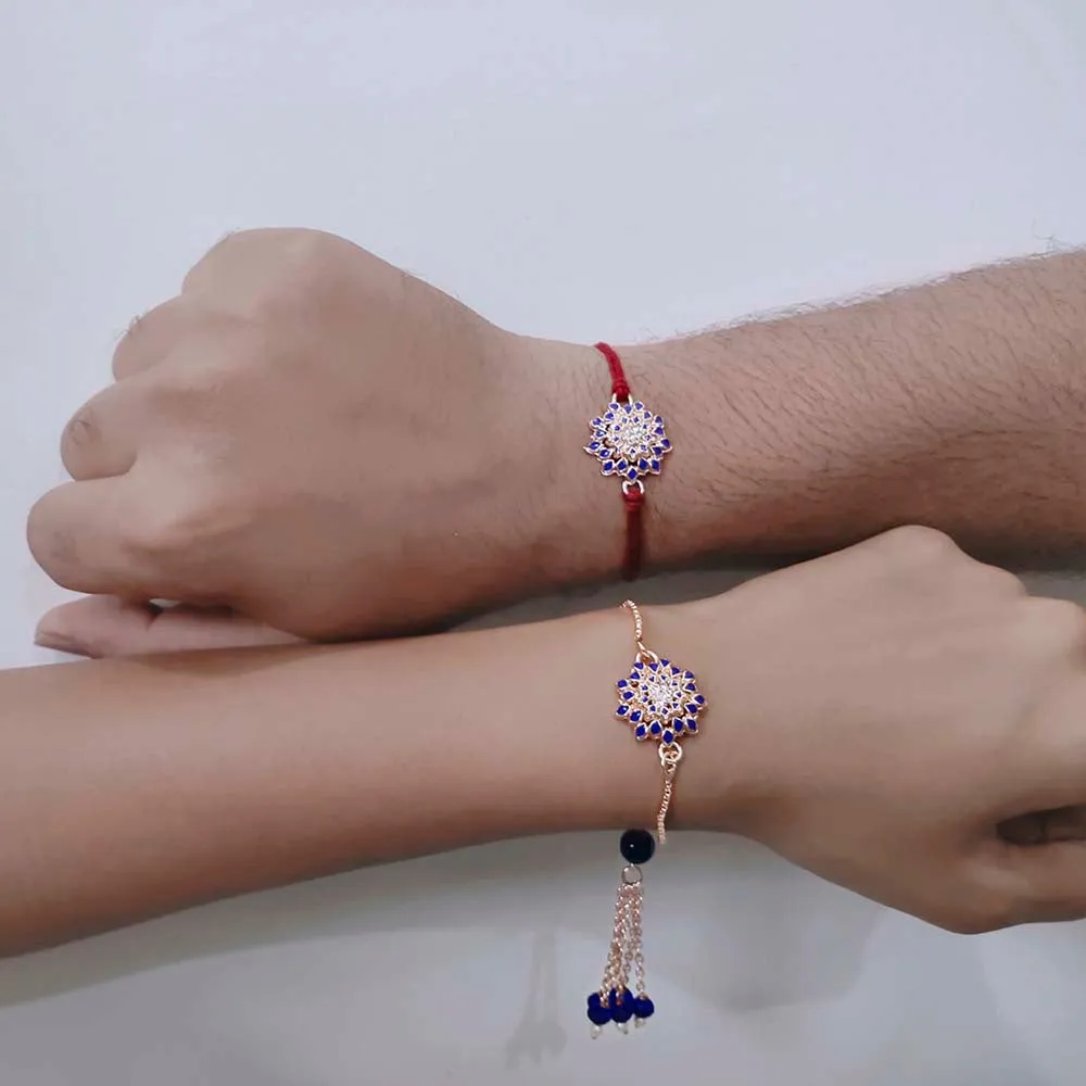 Mahi Blue Meena Work Enamel Floral Combo Rakhi for Bhai and Bhabhi (RCOL1105343M)