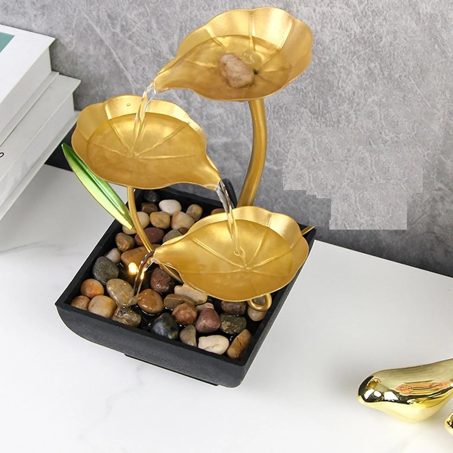 PARSPAR Metal Tabletop Water Fountain - Decor Ornaments with Waterfall Desktop Lotus Fountains, Deep Basin and Natural River Rocks, Indoor Relaxation for Office, Bedroom Decor Item (Golden, 1 PCS)