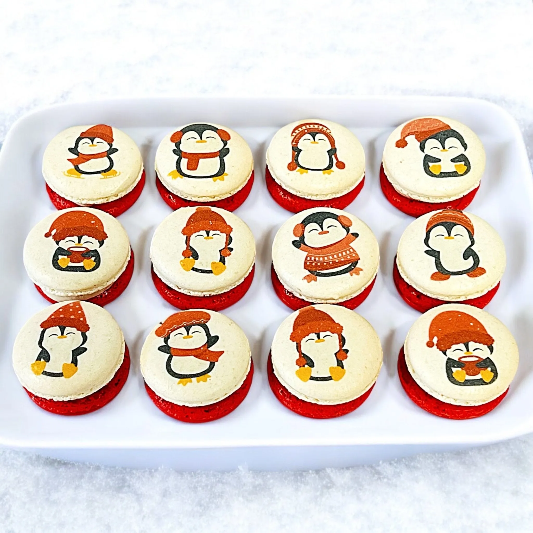 Penguin Winter Macaron Set - Red and White