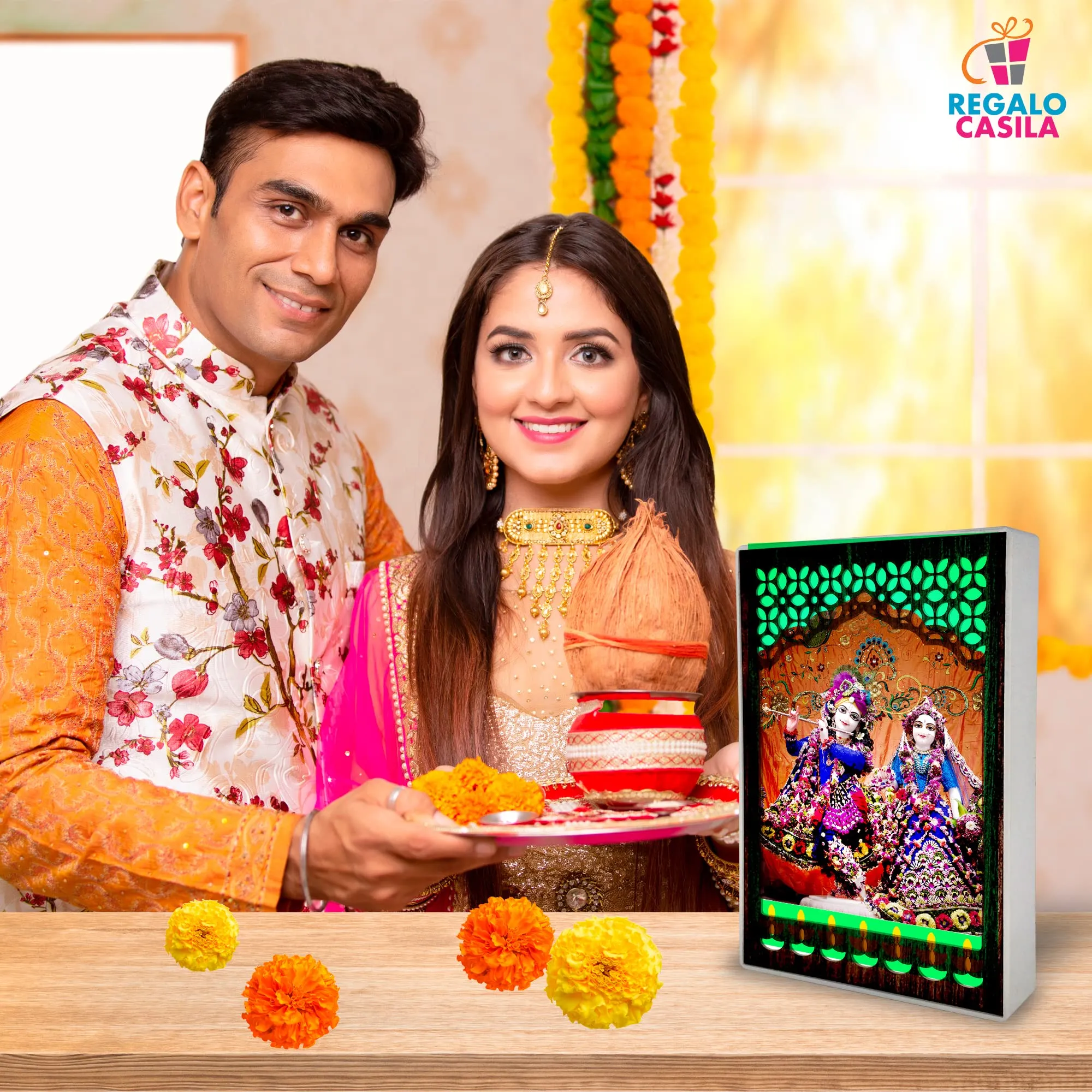 Regalo Casila REGALOCASILA Kanha ji With Radha Photo Frame With Light God Photo With Light | LED Jali Mandir | Gifts For Any Occasion Table Decor| Size: 6 x 9 Inches 7DGLF346