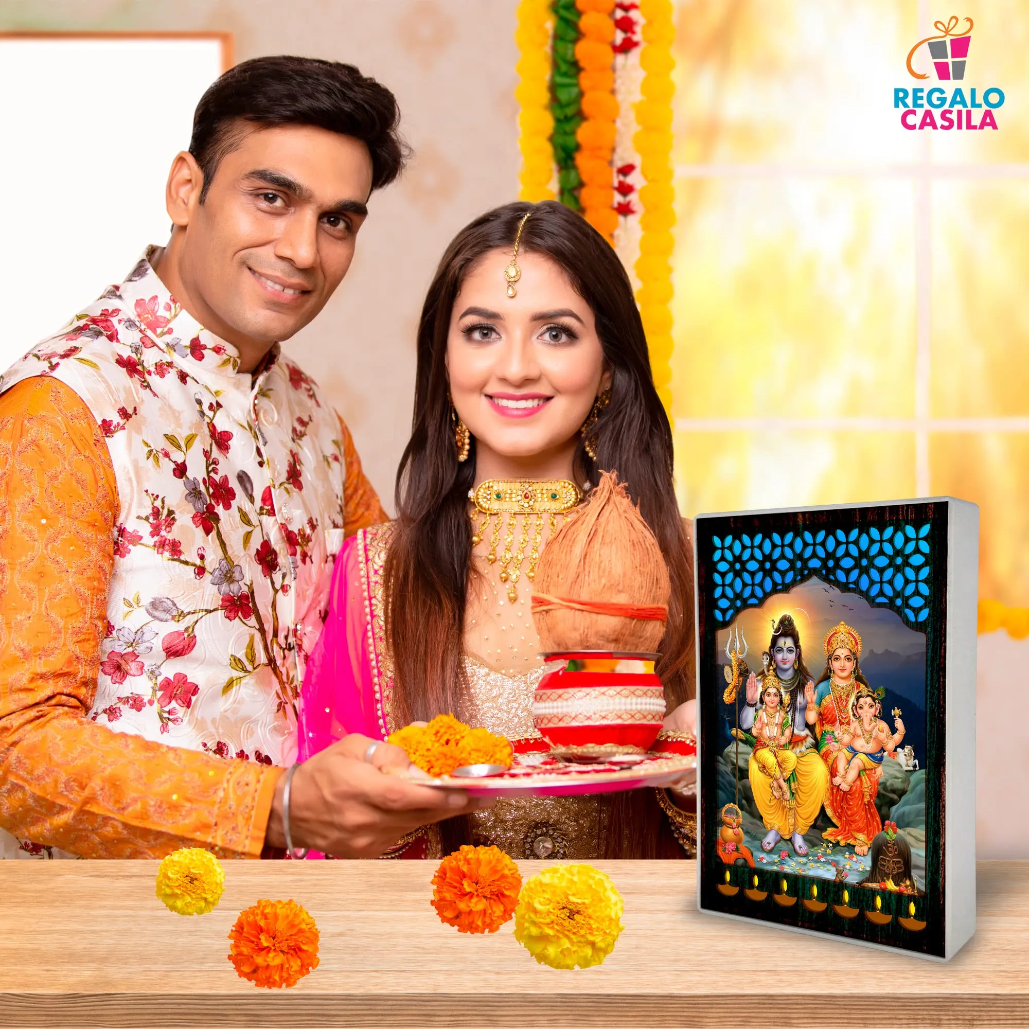 Regalo Casila REGALOCASILA Lord Shiva Family Photo With Light For Pooja Room God Photo | LED Jali Mandir | Gifts For Any Occasion Table Decor| Size: 6 x 9 Inches 7DGLF217