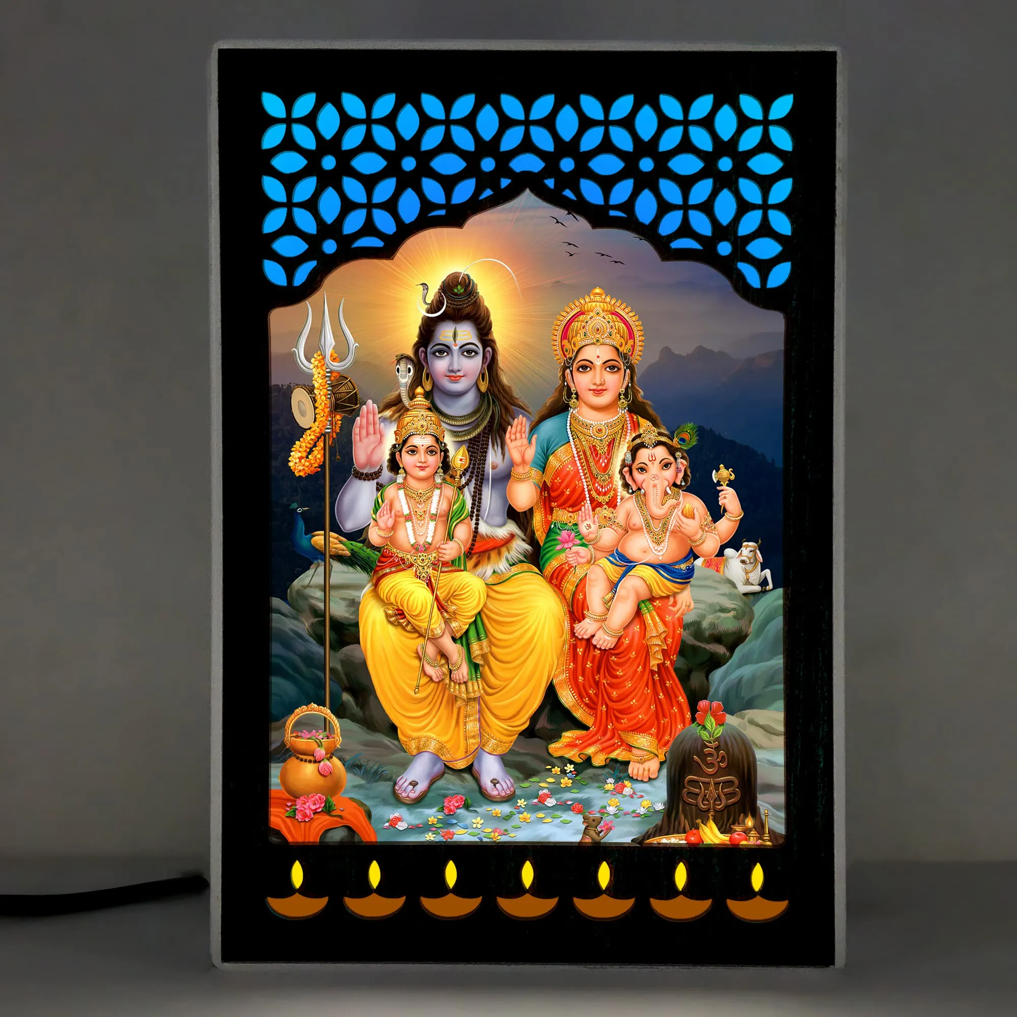 Regalo Casila REGALOCASILA Lord Shiva Family Photo With Light For Pooja Room God Photo | LED Jali Mandir | Gifts For Any Occasion Table Decor| Size: 6 x 9 Inches 7DGLF217