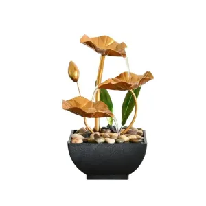 V TRIVYOM Metal Tabletop Water Fountain - Decor Ornaments with Waterfall Desktop Lotus Fountains, Deep Basin and Natural River Rocks, Indoor Relaxation for Office, Bedroom Decor Item (Golden, 1 PCS)