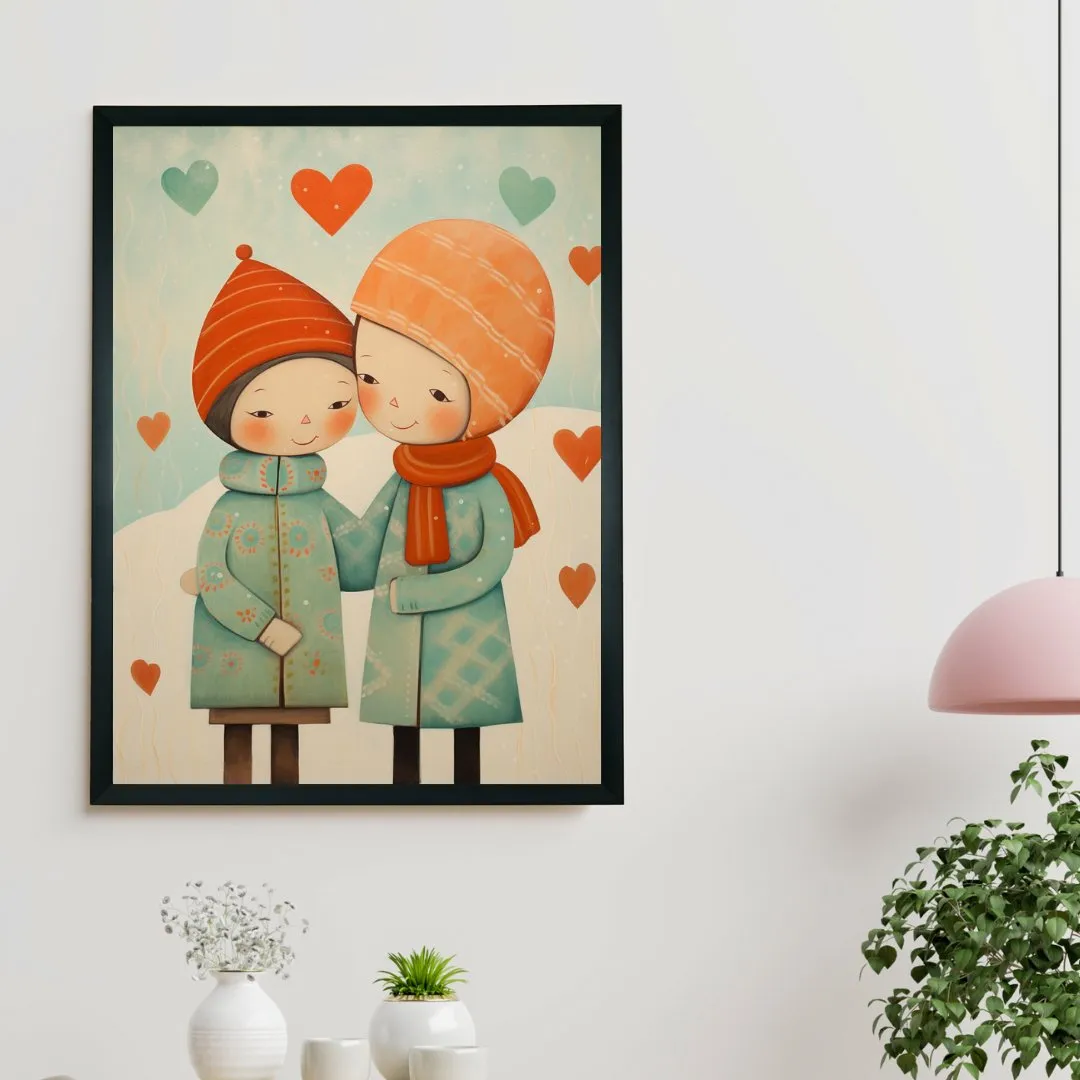 Warmth Within: Sowpeace's Premium Boy & Girl Winter Canvas Art – Handcrafted Indian-Inspired Prints for Cozy Holiday Decor